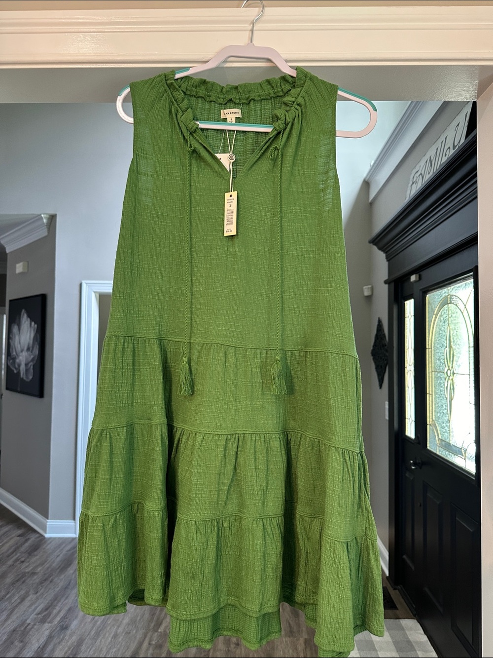 Madewell Sleeveless Tiered Dress in Leaf Green with Tassel Ties